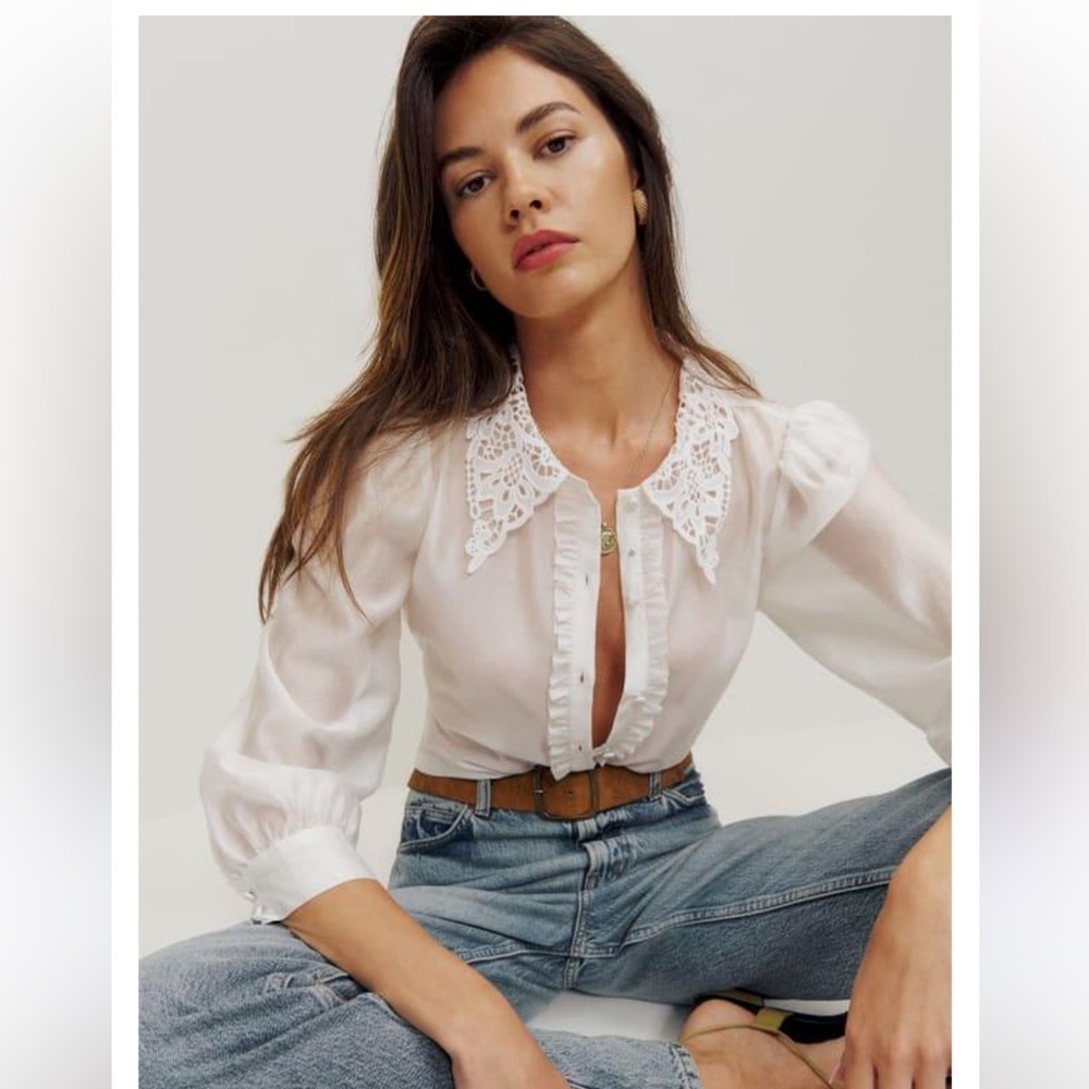 Reformation White Lace Collar Blouse